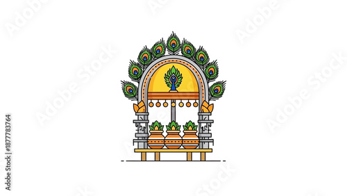 Minimalist vector line art icon depicting a decorative Thaipusam Kavadi, a sacred religious offering used in the vibrant Hindu festival