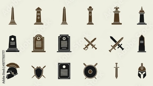 Foto Vector collection of ancient Roman and historical warfare icons, featuring obeli