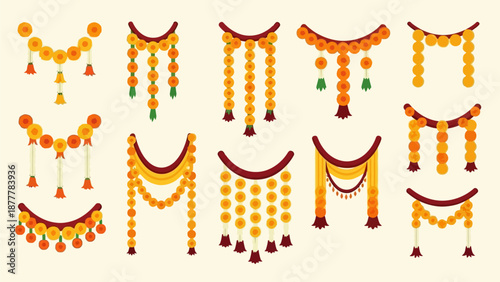 Vibrant collection of traditional flower garlands, meticulously crafted for Thaipusam celebrations, Indian festivals, and cultural events, featuring marigolds and auspicious decor