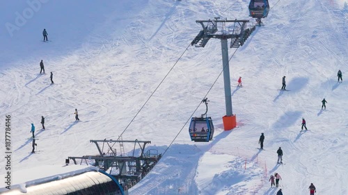 Jahorina, Bosnia and Herzegovina – January 14, 2026: Close aerial view of the Poljice gondola line with skiers moving along the adjacent ski slope