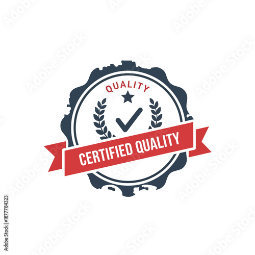Certified quality badge with checkmark and laurel wreath, premium product guarantee icon