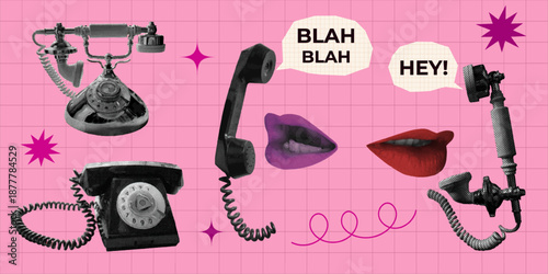 Retro telephone collage with vintage lips, rotary phones handset and speech bubbles. Communication concept, pop art style, nostalgic analog technology illustration