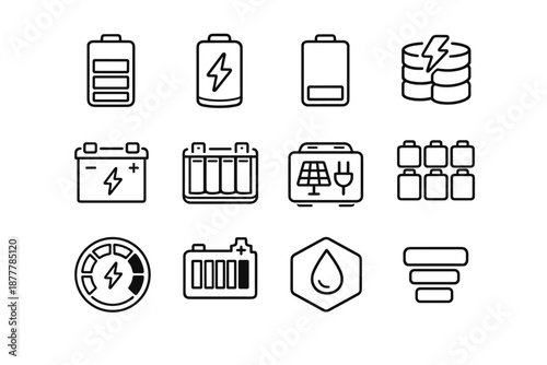 Minimal line icon set of battery power and energy storage symbols, including charging indicators, accumulator cells, renewable power, and voltage