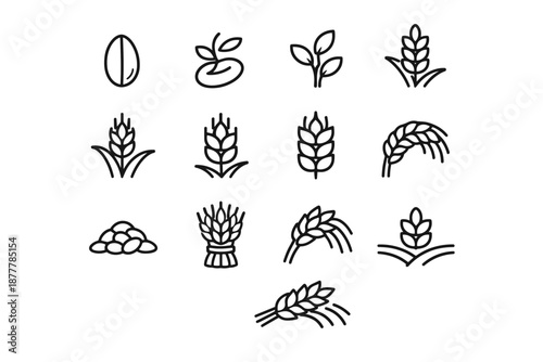Set of minimalist agriculture line icons showing seed, seedlings, wheat and rice ears, grain pile, sheaf, and crop growth stages in outline style