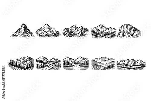 Hand-drawn mountain landscape icon set featuring peaks, ridges, valleys, and forested hills in vintage engraved ink line art style