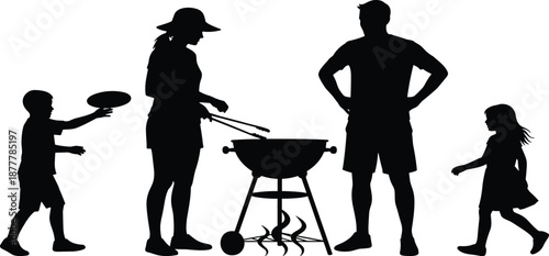 Black Silhouette of Family Having Barbecue Picnic, Father Mother and Children Cooking on Grill for Summer Outdoor Party and Vector