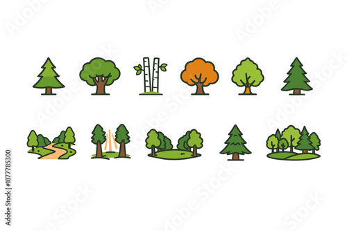 Set of stylized tree and forest icons in flat cartoon style, featuring pines, deciduous canopies, birch trunks, and small landscape scenes on white