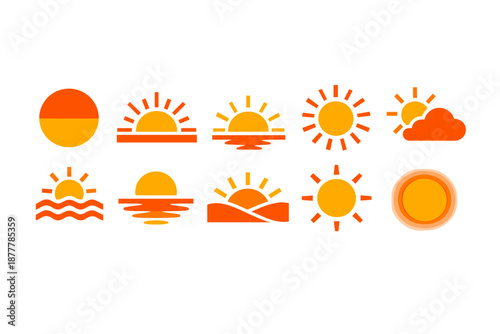 Set of warm gradient weather icons showing sunrise, sunset, sun, horizon, waves, and partly cloudy conditions in simple flat vector style