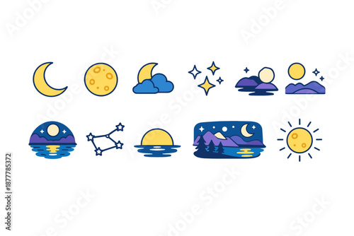 Set of flat night sky and celestial icons featuring moon phases, stars, constellations, clouds, sunrise, sunset, and moonlit landscape scenes