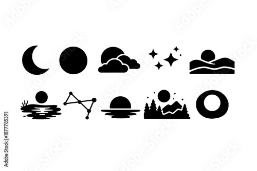 Minimal black celestial and nature icon set featuring moon phases, sun, clouds, stars, horizon, water ripples, constellation, planet rings, eclipse