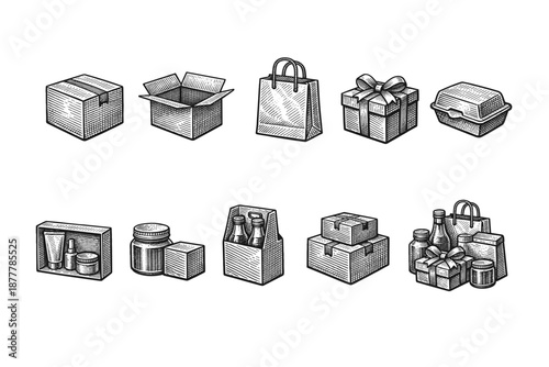 Vintage black and white engraved illustration set of packaging and gift containers, including boxes, bags, jars, bottles, and wrapped presents