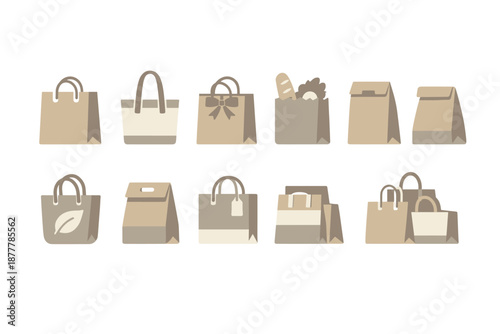 Minimal flat illustration set of assorted paper bags with handles, gift packaging, and grocery takeout sacks in neutral beige tones