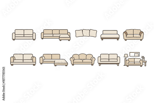 Set of minimalist sofa and couch icons in beige outline style, featuring sectional, loveseat, chaise, cushions, and living room seating silhouettes