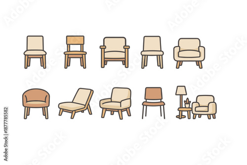 Minimal line art set of assorted chairs and armchairs, including dining seats, lounge chairs, and a cozy living room seat with side table