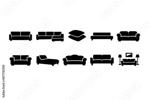 Set of black furniture silhouette icons showing sofas, sectional couches, loveseat, bed, chaise lounge, ottoman, armchair, and media console