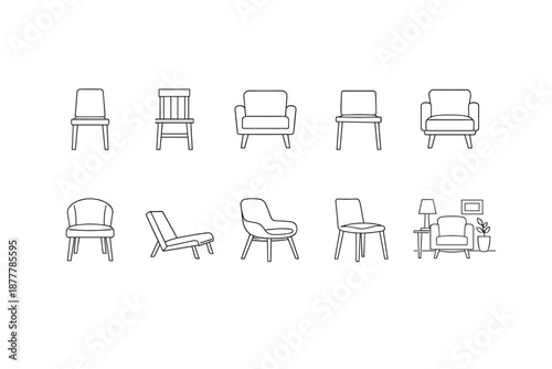 Minimal line art collection of assorted chairs and armchairs, including dining, lounge, and living room seating icons in monochrome outline