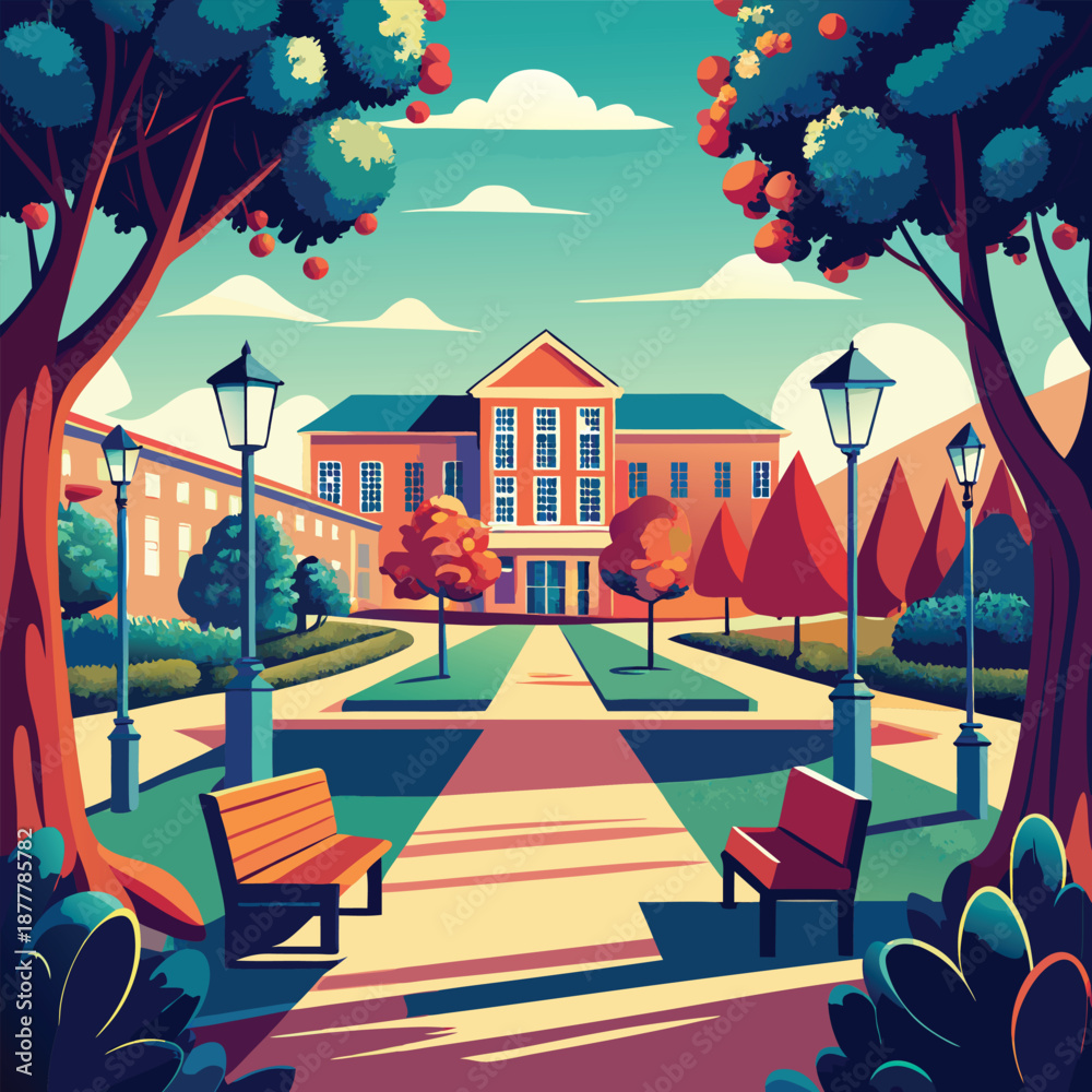 Naklejka premium a-serene-university-courtyard-with-benches--trees- (1).eps