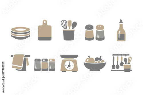 Set of flat kitchen utensil and cookware icons including plates, cutting board, whisk, salt and pepper shakers, oil bottle, scale, and hanging tools