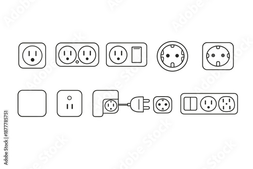 Set of electrical outlet and plug socket icons showing different power receptacles, adapters, and wall plates in simple black line style
