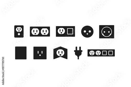Minimal black electrical outlet and plug icon set showing wall sockets, power strip, connector types, and interface symbols on white background