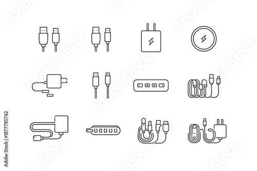 Minimal line icons set of smartphone charging accessories including USB cables, wall adapters, wireless charger, power bank, and multiport hub