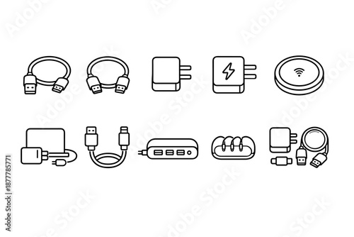 Minimal line icon set of smartphone charging accessories including cables, wall adapters, wireless charging pad, power bank, multiport hub, and organizers