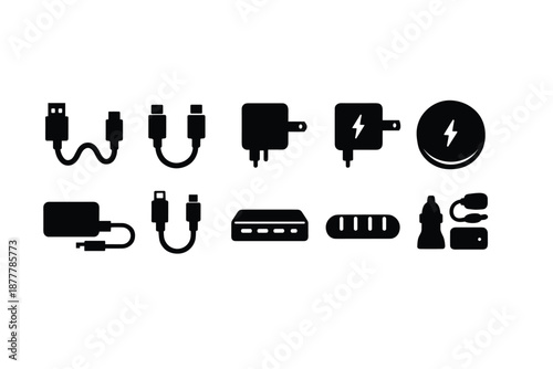 Minimal black silhouette set of charging accessories and connectors, including cables, wall adapters, wireless charger, hubs, and power bank icons