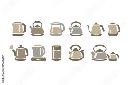 Minimalist set of illustrated kitchen kettles, teapots, and coffee makers in neutral tones, showing various shapes and handles on white background