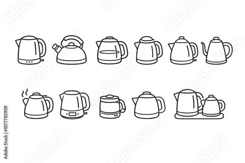 Minimal line art set of electric kettles, teapots, and coffee pots in different shapes, simple outline icons for kitchen appliances on white
