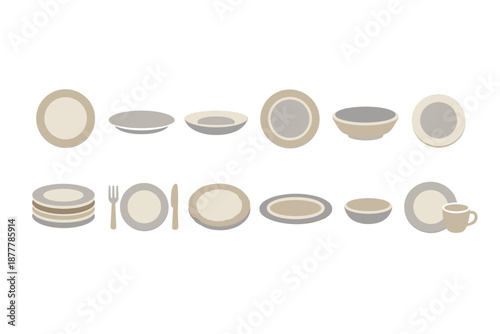 Minimal flat illustration of ceramic tableware set with plates, bowls, cup and cutlery arranged in rows on a white background for dining concept