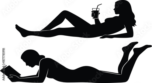 Black Silhouette of Women Relaxing and Reading Book, Female Figures Lying Down Drinking Juice for Summer Spa Wellness and Lifestyle Vector