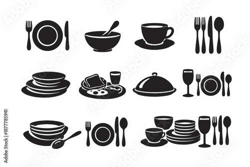 Black silhouette icons of table settings with plates, bowls, cups, glasses, cutlery, serving cloche, and assorted dinnerware for dining design