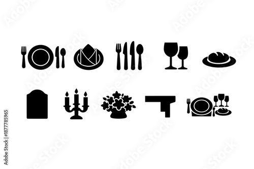 Black silhouette icon set of dining tableware and restaurant elements including plates, cutlery, wine glasses, napkin, candles, flowers, and table