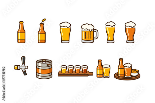 Set of beer icons with bottles, foamy glasses, mug, tap, keg barrel, tasting flight, and snack tray in simple vector illustration style