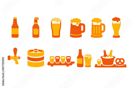 Flat vector illustration of assorted beer icons including bottles, foamy pint glasses, mugs, keg, tap faucet, tasting flight, and snack tray
