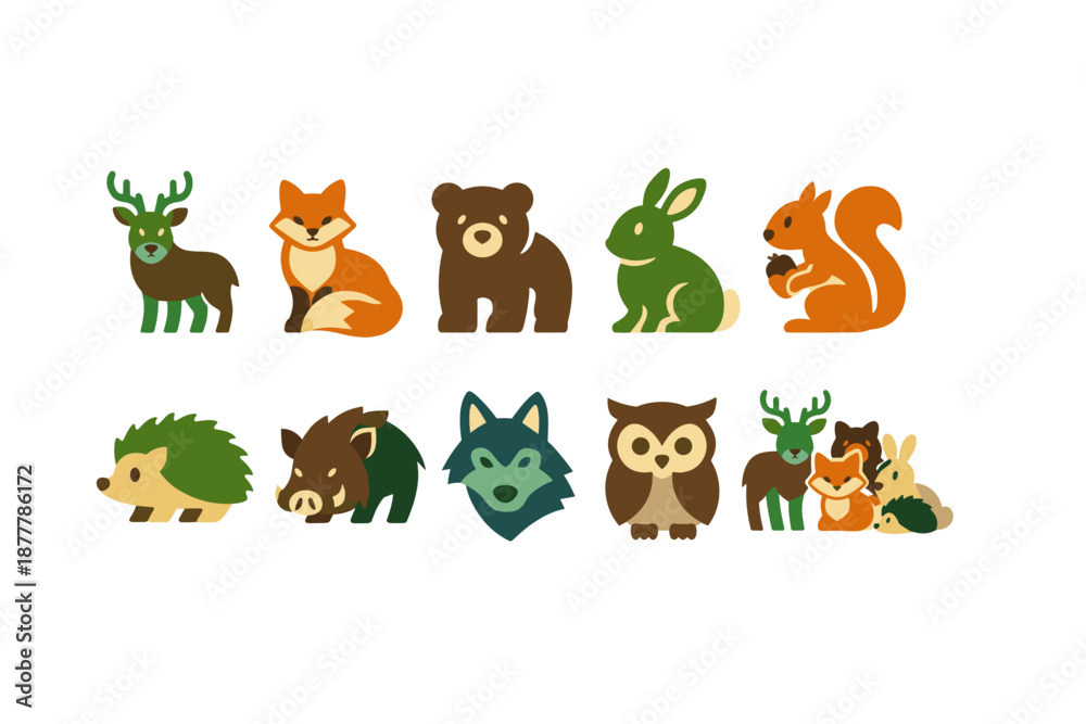 Fototapeta premium Cute flat woodland animal icons set featuring deer, fox, bear, rabbit, squirrel, hedgehog, boar, wolf, owl, and forest friends