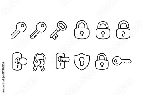 Minimal black outline security icons showing keys, padlocks, door locks, shield, and access control symbols on a clean white background