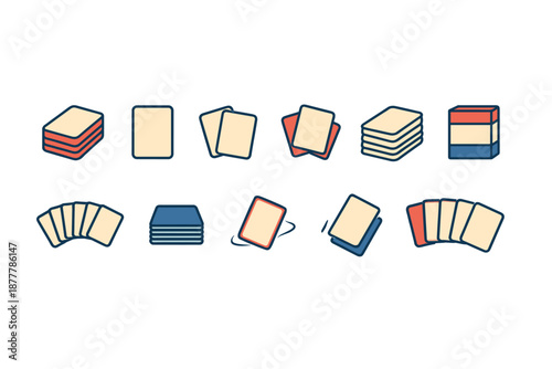 Minimal vector set of playing cards and stacked decks with different orientations, shuffling and fanned hands, isolated on white background