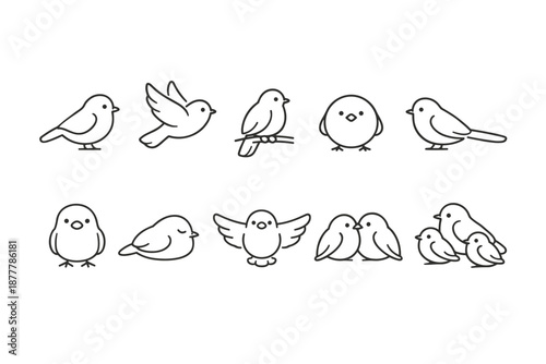 Minimal line art set of cute cartoon birds in multiple poses, including flying, perching, standing, sleeping, and cuddling pairs in black outline
