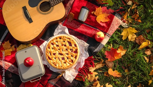 Autumn Picnic with Guitar and Apple Pie in the Park.