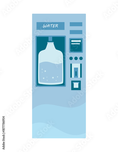Water vending machine flat vector illustration with large bottle inside. Isolated on a white background. Suitable for concepts related to healthy lifestyle, hydration, retail, public services