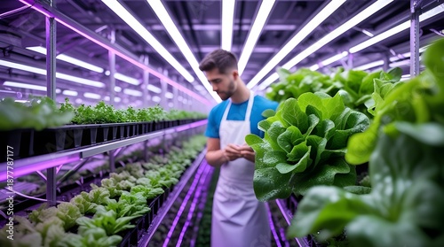 Young Farmer Inspecting Organic Greens Indoors
