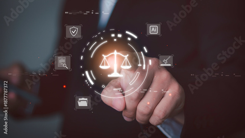 Foto justice scale interface with AI, law, document, and security