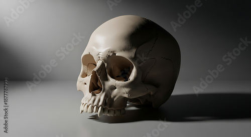 A human skull is positioned on a grey surface viewed from the side with a subtle shadow cast on the background