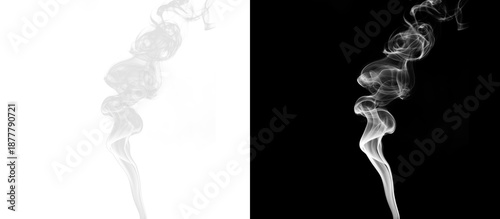 Schilderij op canvas Split illustration with transparent PNG and black background showing a thin minimalist gray-white smoke column that disperses upward