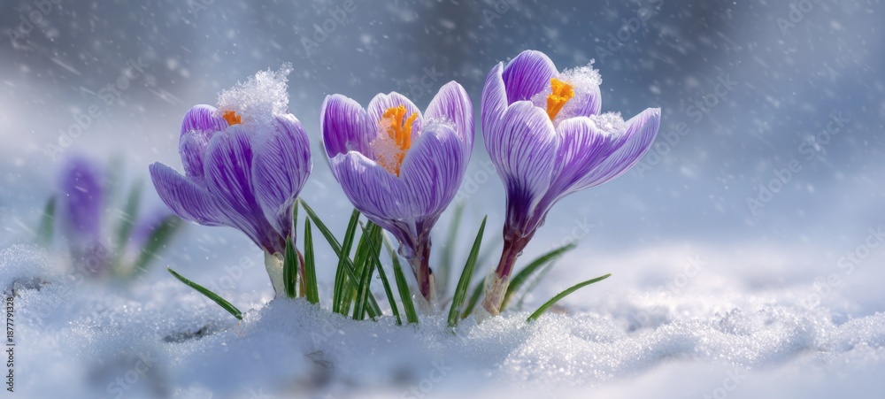 Fototapeta premium spring flower background - Close-up of blooming vibrant purple crocus flowers in snow