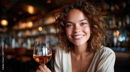 A cheerful young woman enjoys a glass of rosé wine indoors, capturing the essence of joy and celebration in a lively bar atmosphere with a relaxed vibe.
