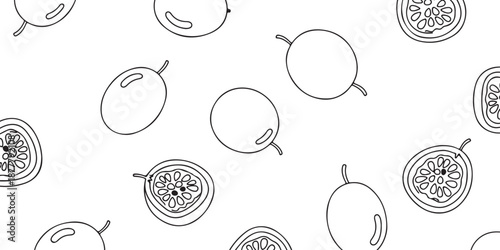 Seamless pattern of passion fruits, whole and halved, in a minimalist line art style