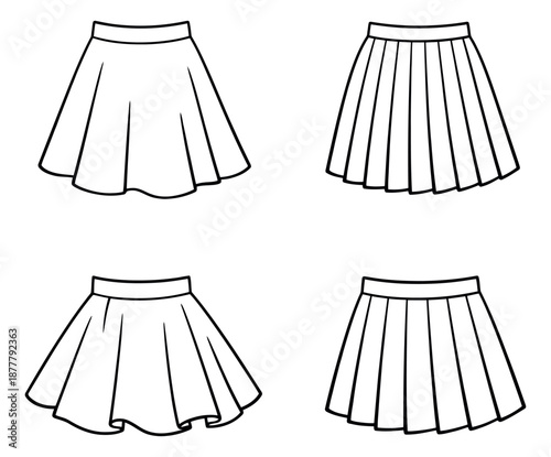 Hand drawn line art skirt set featuring flared and pleated skirts for fashion and clothing design