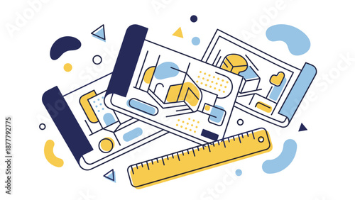 Modern mobile devices displaying business data and charts in illustration.